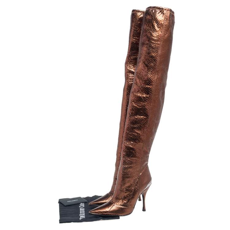 Pre Owned Dolce & Gabbana Metallic Gold-Brown Snakeskin Leather  Pointed Boots Size 36