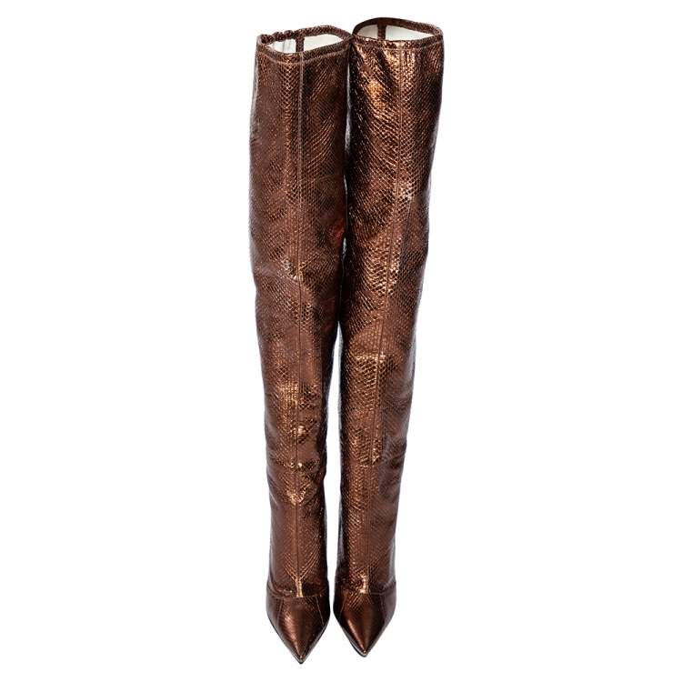 Pre Owned Dolce & Gabbana Metallic Gold-Brown Snakeskin Leather  Pointed Boots Size 36