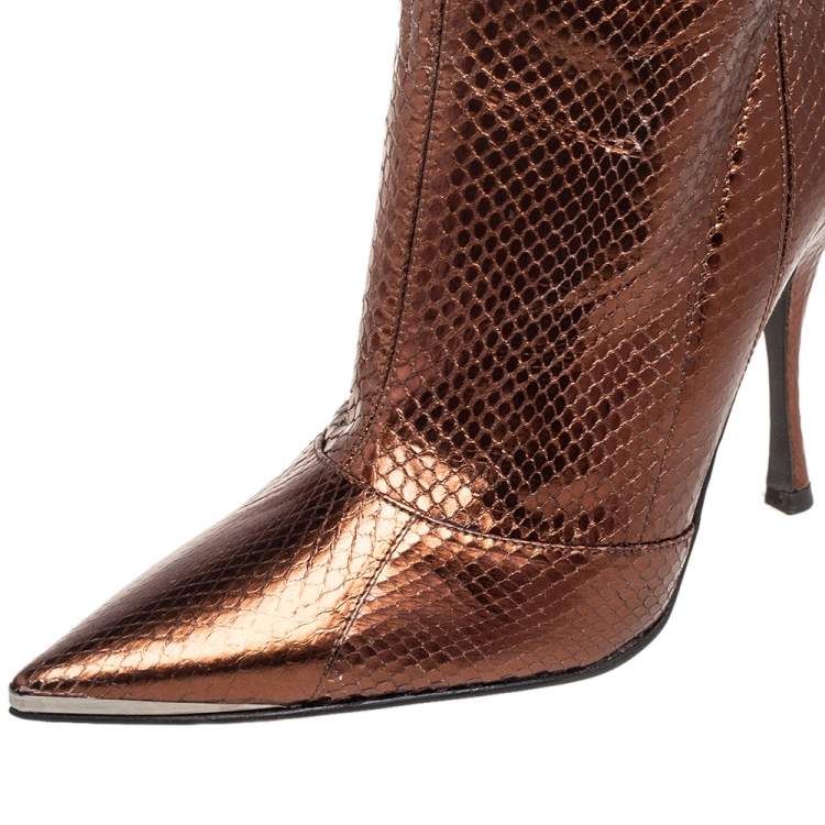 Pre Owned Dolce & Gabbana Metallic Gold-Brown Snakeskin Leather  Pointed Boots Size 36