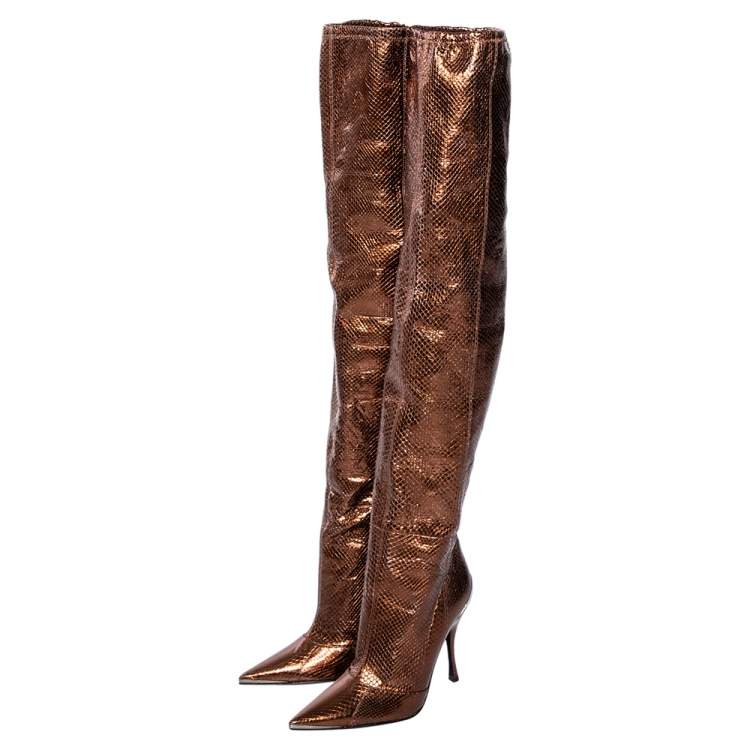 Pre Owned Dolce & Gabbana Metallic Gold-Brown Snakeskin Leather  Pointed Boots Size 36