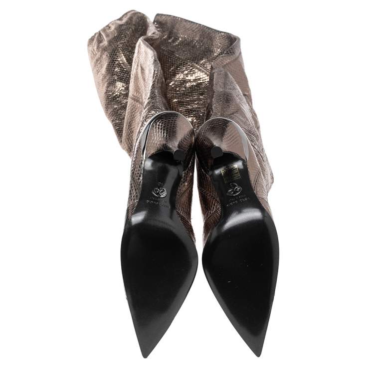 Pre Owned Dolce & Gabbana Metallic Grey Snakeskin Leather Pointed Boots Size 40