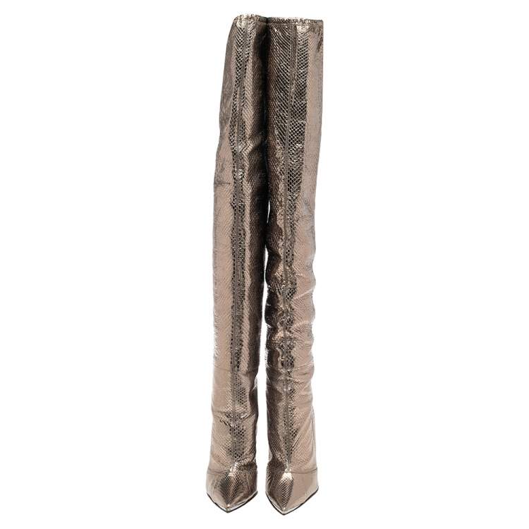 Pre Owned Dolce & Gabbana Metallic Grey Snakeskin Leather Pointed Boots Size 40
