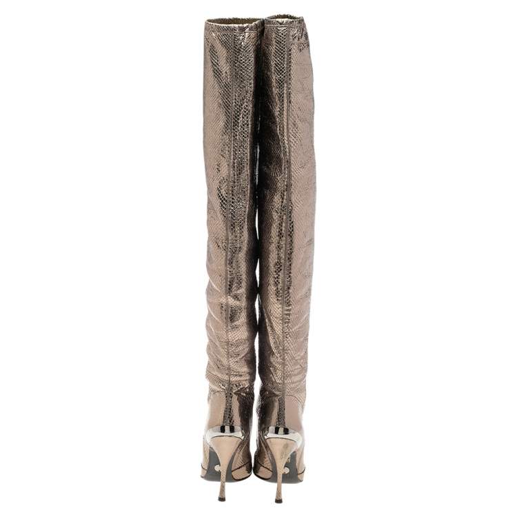 Pre Owned Dolce & Gabbana Metallic Grey Snakeskin Leather Pointed Boots Size 40