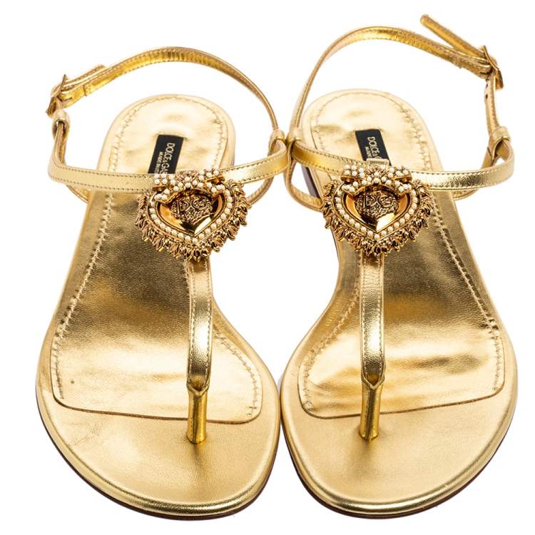 Pre Owned Dolce & Gabbana Gold Leather Devotion T-Strap Flat Sandals Size 38.5