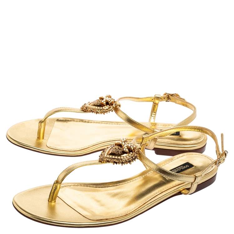 Pre Owned Dolce & Gabbana Gold Leather Devotion T-Strap Flat Sandals Size 38.5