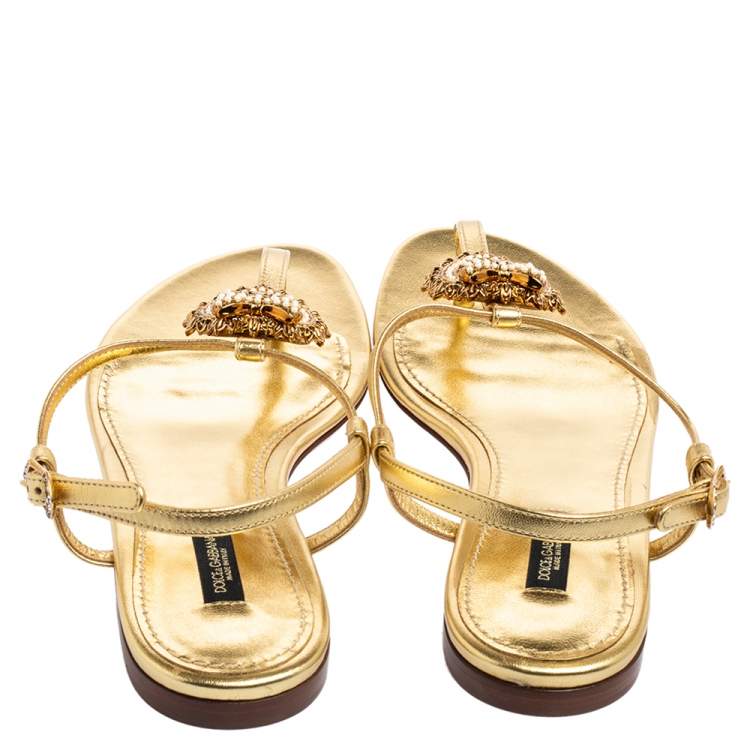 Pre Owned Dolce & Gabbana Gold Leather Devotion T-Strap Flat Sandals Size 38.5