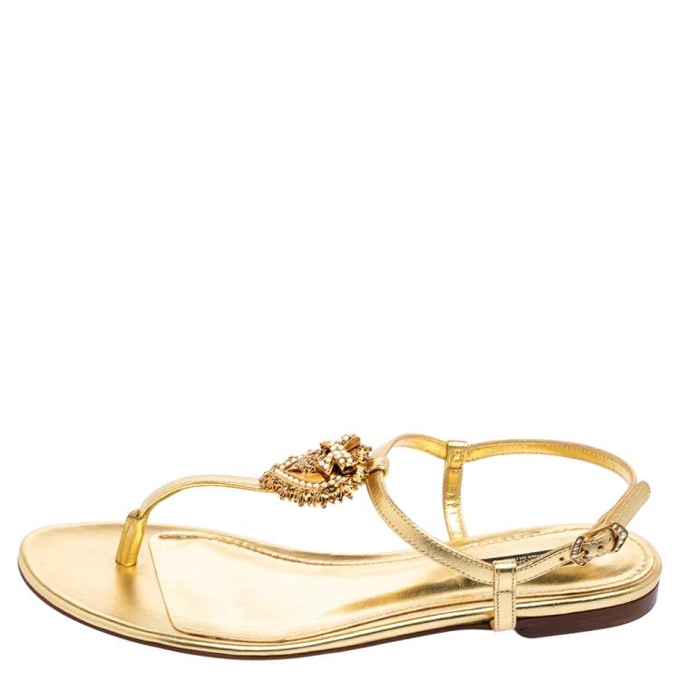 Dolce & Gabbana Gold Leather Devotion T-Strap Flat Sandals Size  Dolce  & Gabbana | TLC