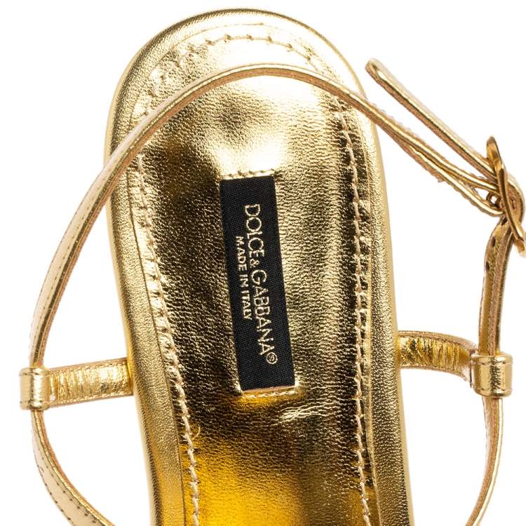 Pre Owned Dolce & Gabbana Gold Leather Devotion T-Strap Flat Sandals Size 38.5