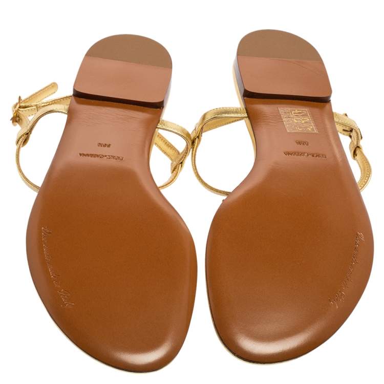Pre Owned Dolce & Gabbana Gold Leather Devotion T-Strap Flat Sandals Size 38.5