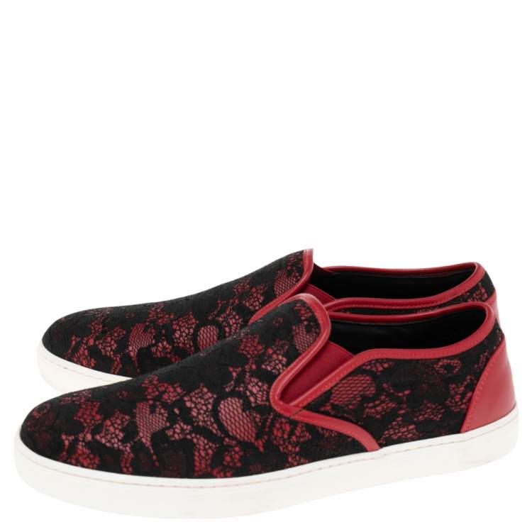 مملوكة مسبقًا Dolce & Gabbana Black/Red Lace And Leather Slip On Sneakers Size 40