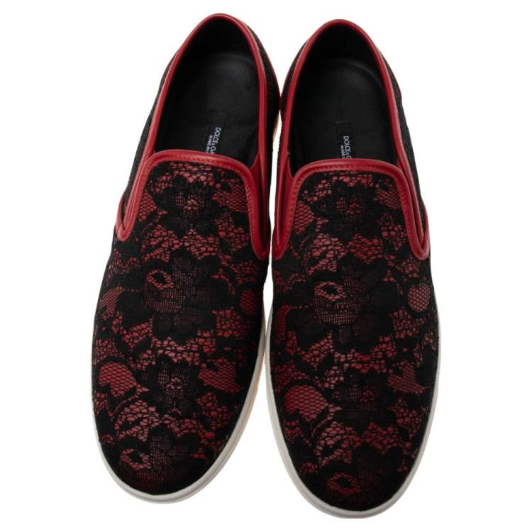 مملوكة مسبقًا Dolce & Gabbana Black/Red Lace And Leather Slip On Sneakers Size 40