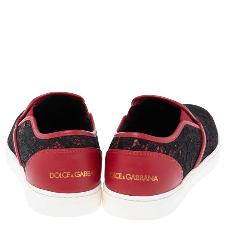 مملوكة مسبقًا Dolce & Gabbana Black/Red Lace And Leather Slip On Sneakers Size 40