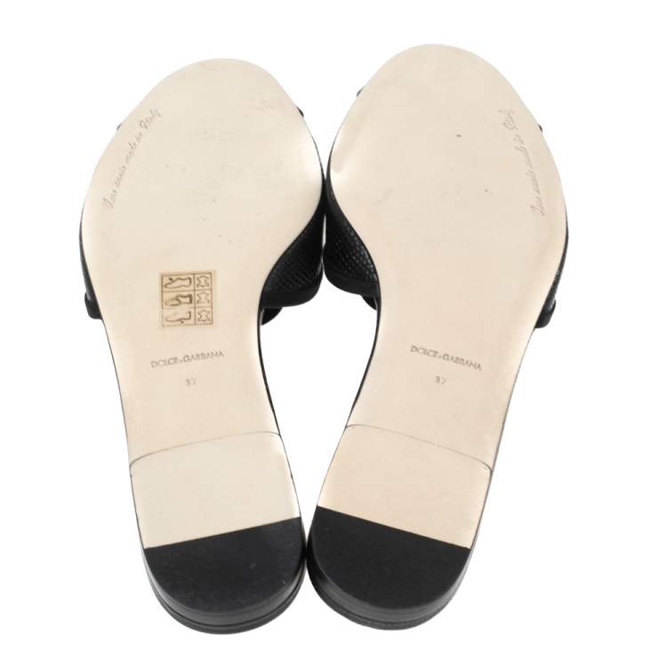 Pre Owned Dolce & Gabbana Black Lizard Embossed Leather Sofia Flat Slides Size 37