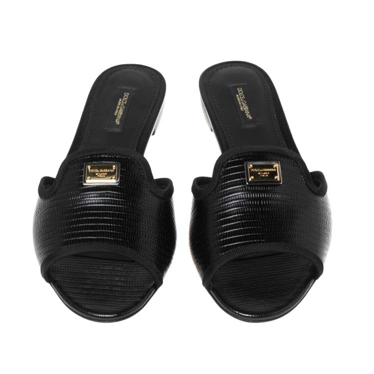 Pre Owned Dolce & Gabbana Black Lizard Embossed Leather Sofia Flat Slides Size 37