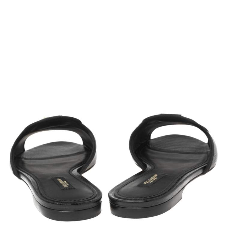 Pre Owned Dolce & Gabbana Black Lizard Embossed Leather Sofia Flat Slides Size 37