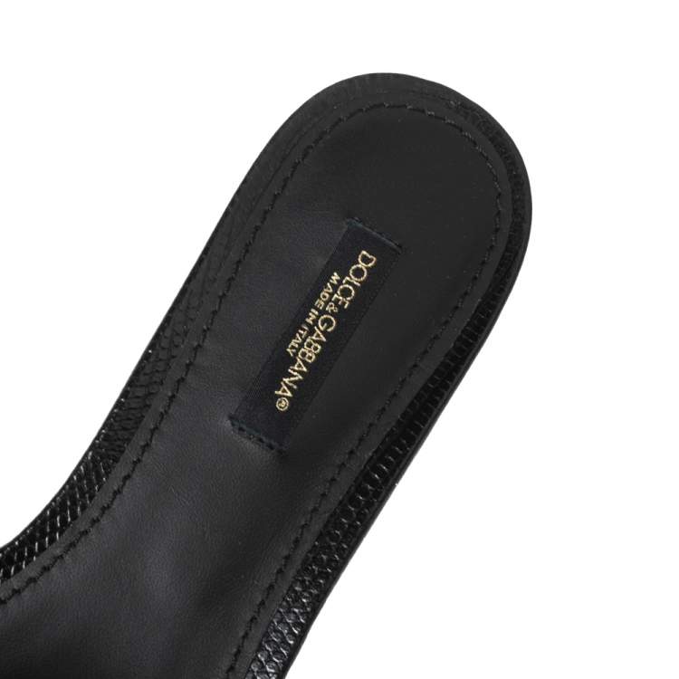 Pre Owned Dolce & Gabbana Black Lizard Embossed Leather Sofia Flat Slides Size 37