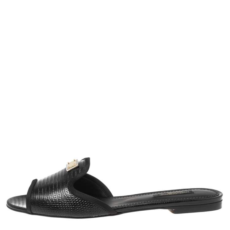 Pre Owned Dolce & Gabbana Black Lizard Embossed Leather Sofia Flat Slides Size 37