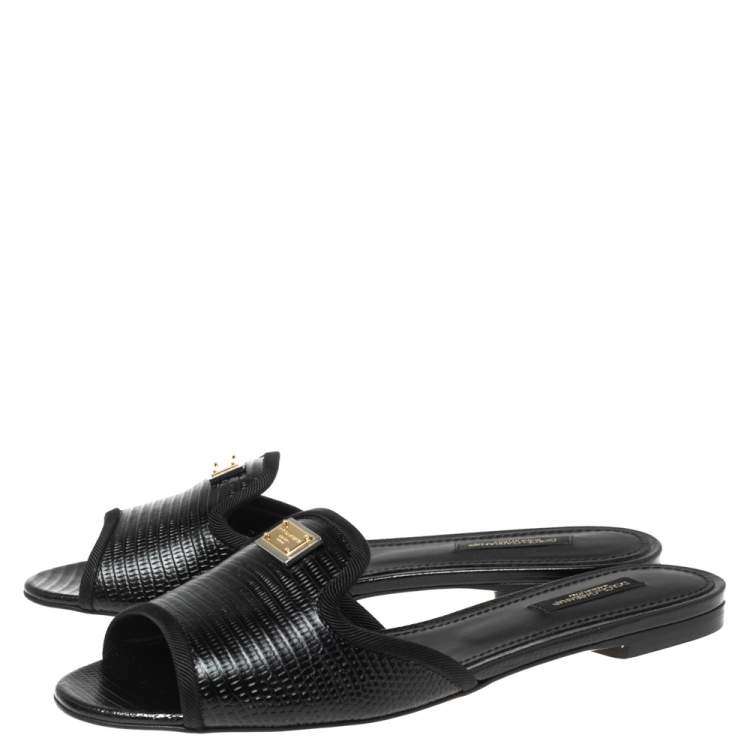 Pre Owned Dolce & Gabbana Black Lizard Embossed Leather Sofia Flat Slides Size 37
