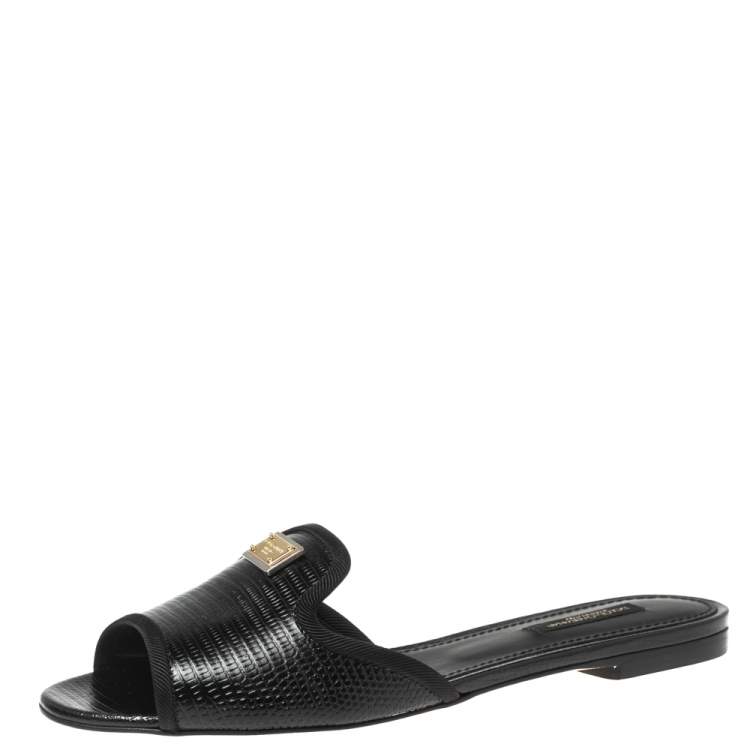 Pre Owned Dolce & Gabbana Black Lizard Embossed Leather Sofia Flat Slides Size 37