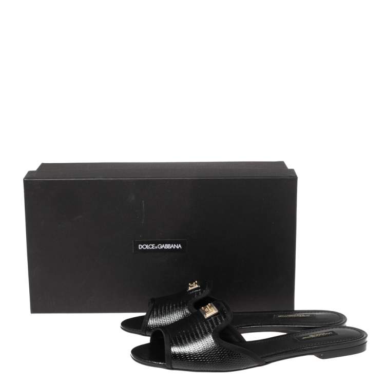 Pre Owned Dolce & Gabbana Black Lizard Embossed Leather Sofia Flat Slides Size 37