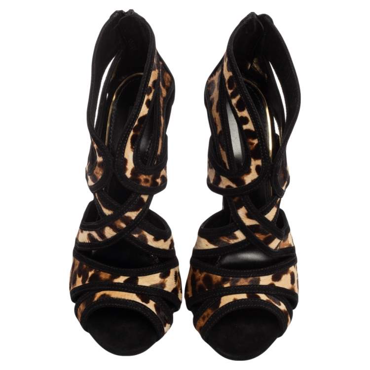 Pre Owned Dolce & Gabbana Black/Beige Leopard Print Calf Hair and Suede Strappy Ankle Sandals Size 38