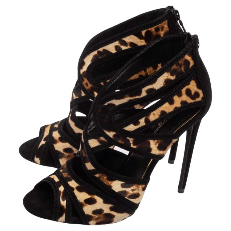Pre Owned Dolce & Gabbana Black/Beige Leopard Print Calf Hair and Suede Strappy Ankle Sandals Size 38