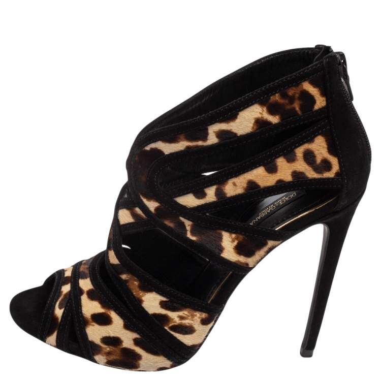 Pre Owned Dolce & Gabbana Black/Beige Leopard Print Calf Hair and Suede Strappy Ankle Sandals Size 38