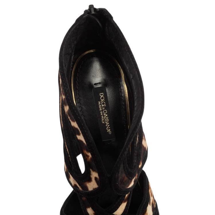 Pre Owned Dolce & Gabbana Black/Beige Leopard Print Calf Hair and Suede Strappy Ankle Sandals Size 38
