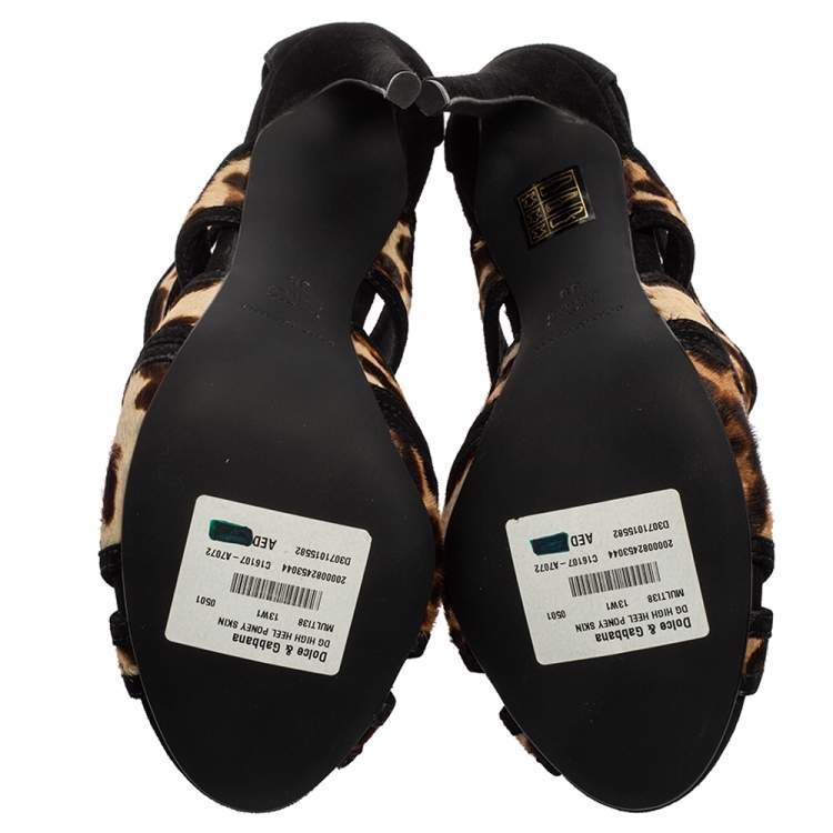 Pre Owned Dolce & Gabbana Black/Beige Leopard Print Calf Hair and Suede Strappy Ankle Sandals Size 38
