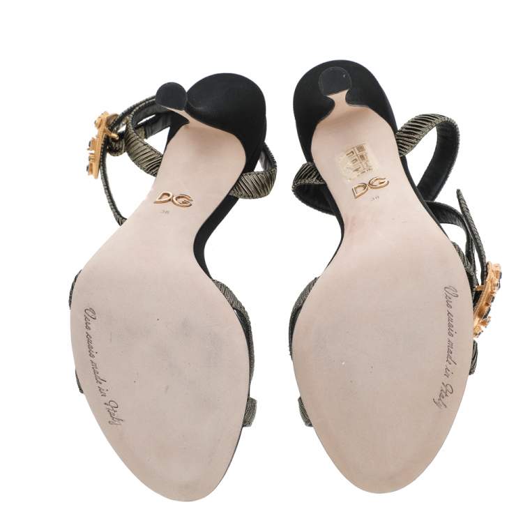 Pre Owned Dolce & Gabbana Metallic Black Lurex Fabric Devotion Ankle Strap Sandals Size 38