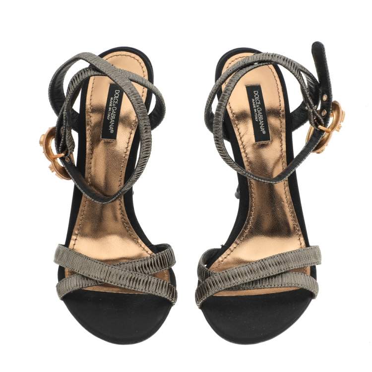 Pre Owned Dolce & Gabbana Metallic Black Lurex Fabric Devotion Ankle Strap Sandals Size 38