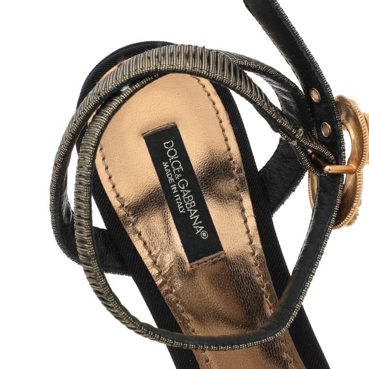 Pre Owned Dolce & Gabbana Metallic Black Lurex Fabric Devotion Ankle Strap Sandals Size 38