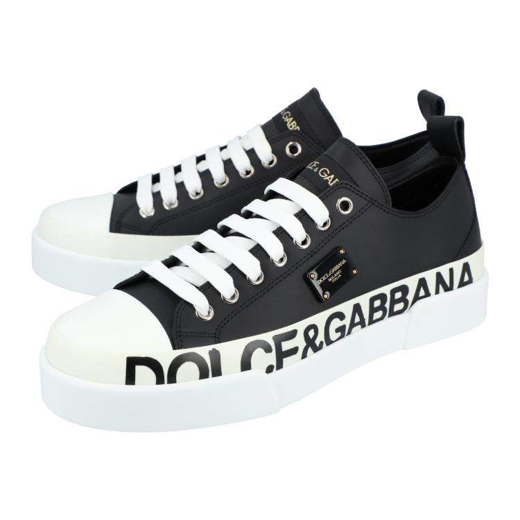 Pre Owned Dolce & Gabbana Black/White Calfskin logo-detailed plate and logo print Portofino light Sneakers EU 38.5