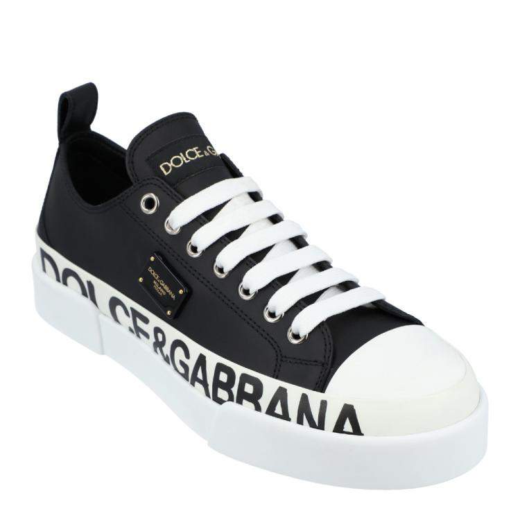 مملوكة مسبقًا Dolce & Gabbana Black/White Calfskin logo-detailed plate and logo print Portofino light Sneakers EU 35.5