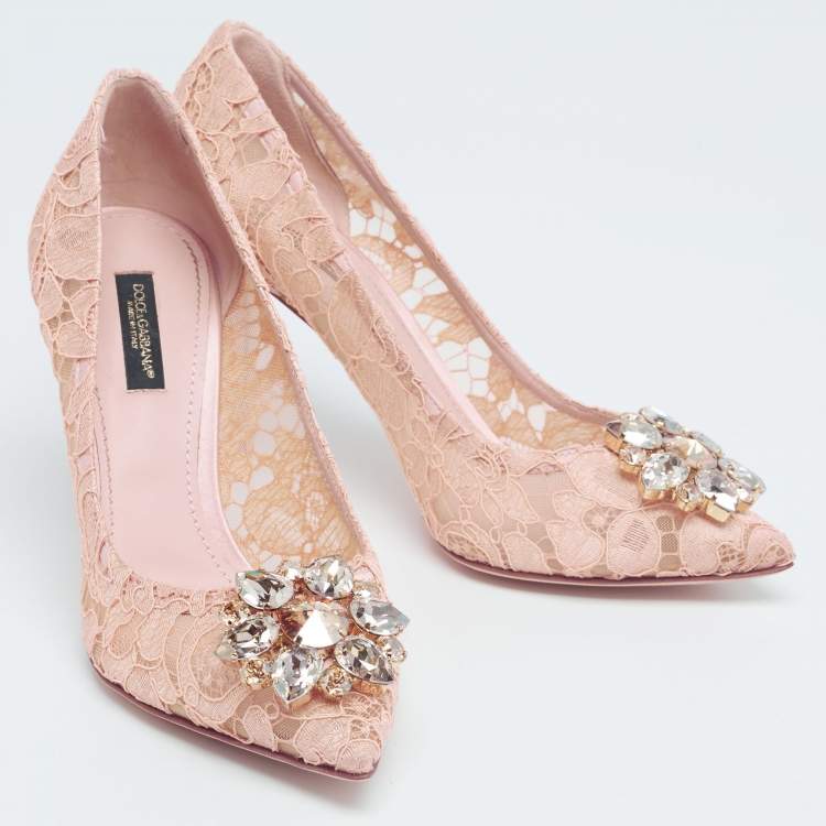 Pre Owned Dolce & Gabbana  Beige Lace Bellucci Crystal Embellished Pumps Size 37