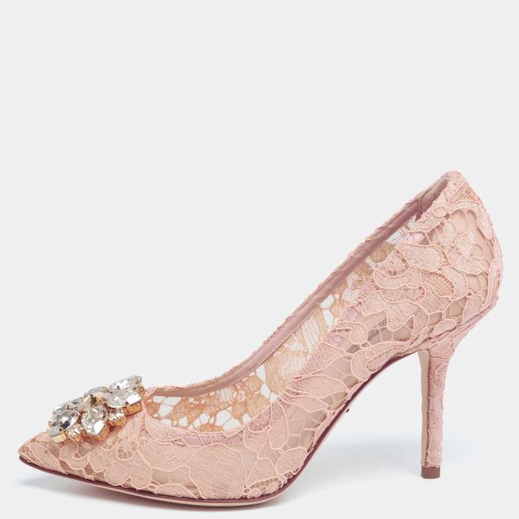 Pre Owned Dolce & Gabbana  Beige Lace Bellucci Crystal Embellished Pumps Size 37