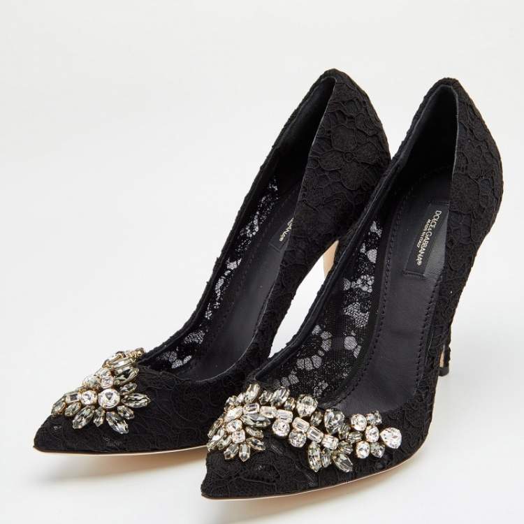 Pre Owned Dolce & Gabbana Black Lace Crystal Embellished Royale Pointed Toe Pumps Size 41