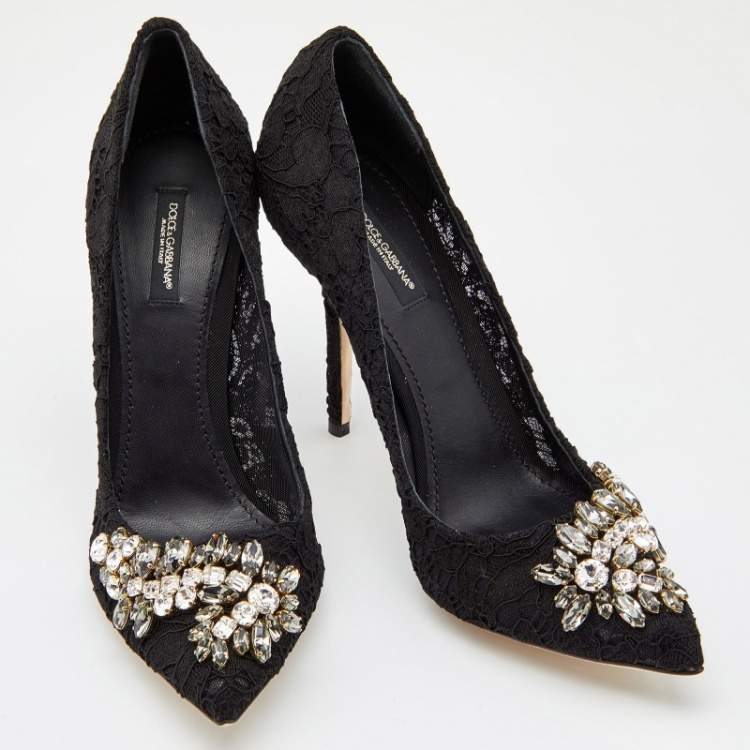 Pre Owned Dolce & Gabbana Black Lace Crystal Embellished Royale Pointed Toe Pumps Size 41