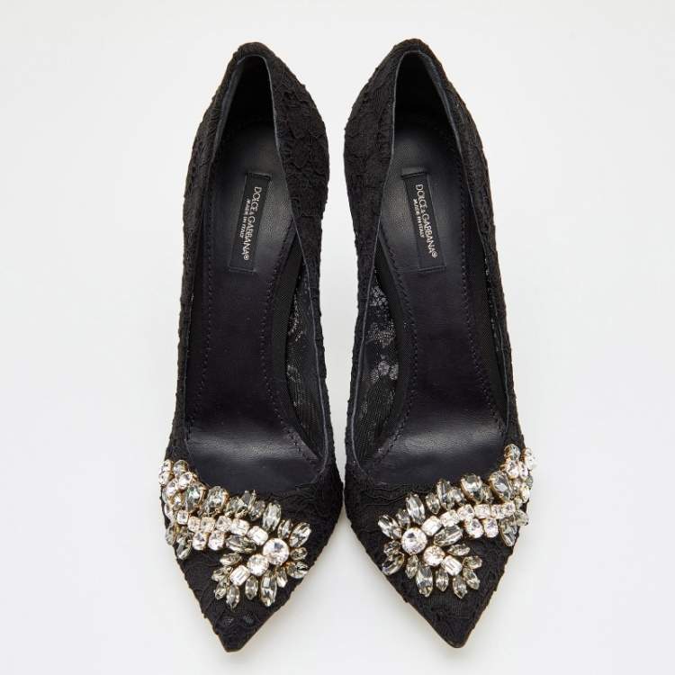 Pre Owned Dolce & Gabbana Black Lace Crystal Embellished Royale Pointed Toe Pumps Size 41