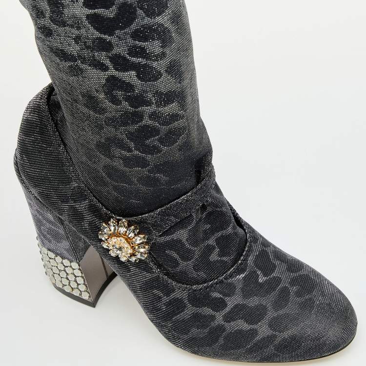 Pre Owned Dolce & Gabbana Metallic Silver Leopard Print Lurex Fabric Embellished Mary Jane Mid Calf Boots Size 37.5
