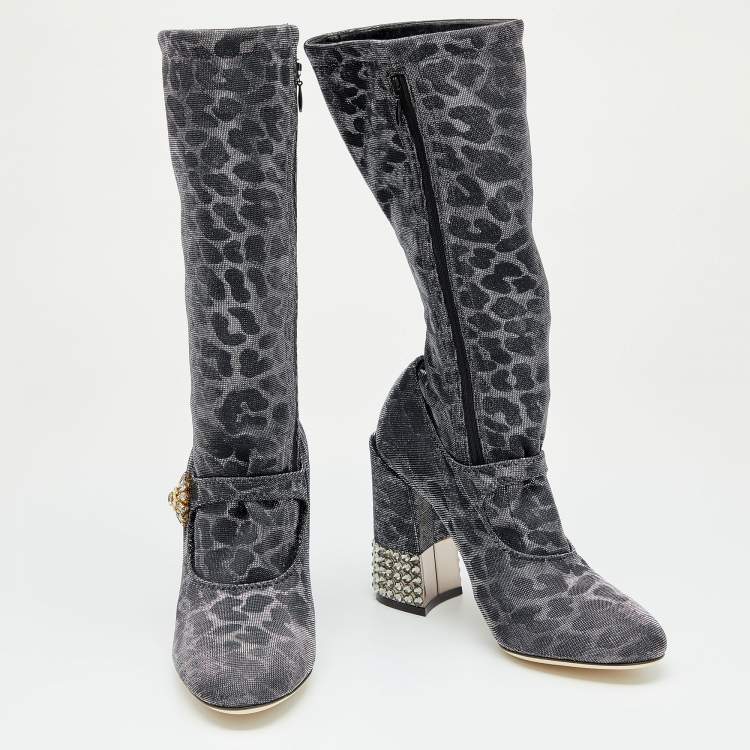 Pre Owned Dolce & Gabbana Metallic Silver Leopard Print Lurex Fabric Embellished Mary Jane Mid Calf Boots Size 37.5