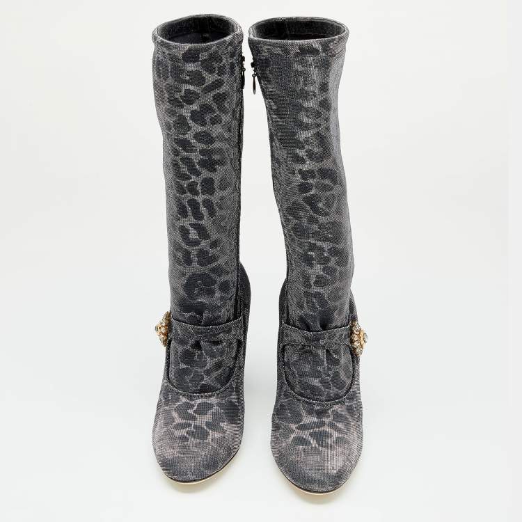Pre Owned Dolce & Gabbana Metallic Silver Leopard Print Lurex Fabric Embellished Mary Jane Mid Calf Boots Size 37.5