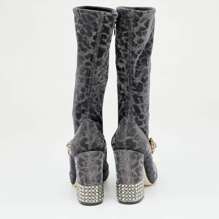 Pre Owned Dolce & Gabbana Metallic Silver Leopard Print Lurex Fabric Embellished Mary Jane Mid Calf Boots Size 37.5