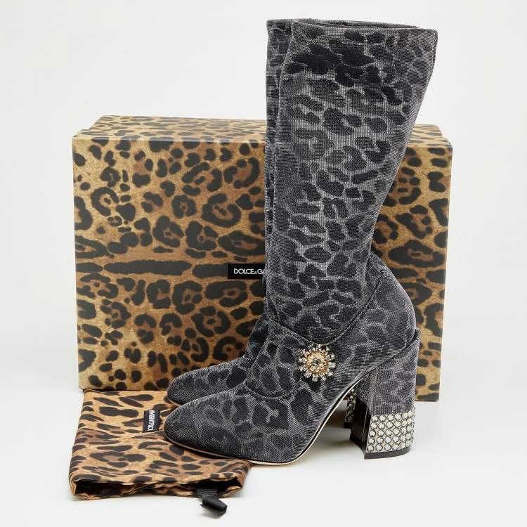 Pre Owned Dolce & Gabbana Metallic Silver Leopard Print Lurex Fabric Embellished Mary Jane Mid Calf Boots Size 37.5