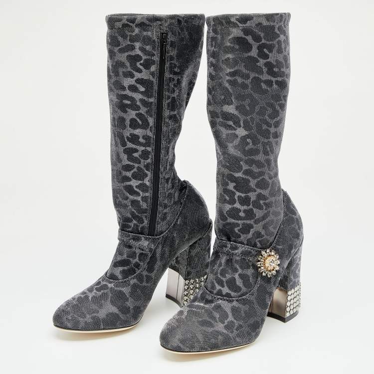 Pre Owned Dolce & Gabbana Metallic Silver Leopard Print Lurex Fabric Embellished Mary Jane Mid Calf Boots Size 37.5