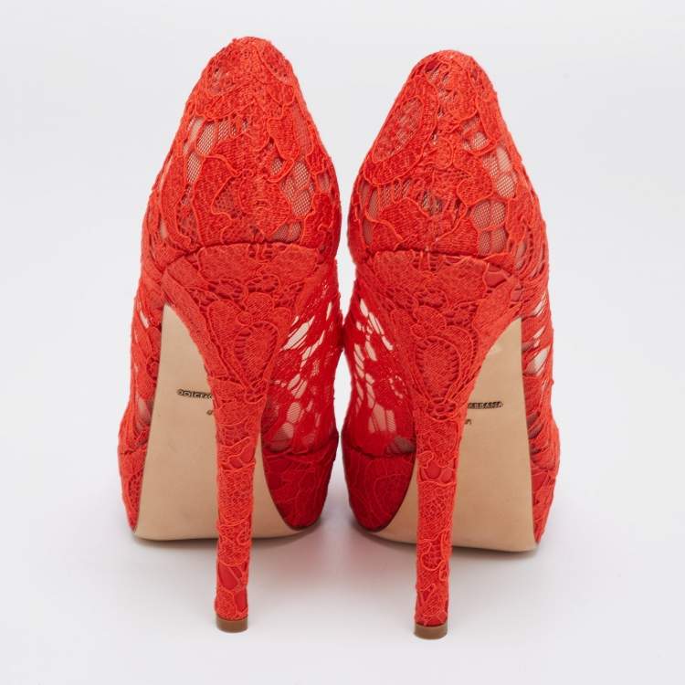 Pre Owned Dolce & Gabbana Red Lace Peep Toe Platform Pumps Size 41