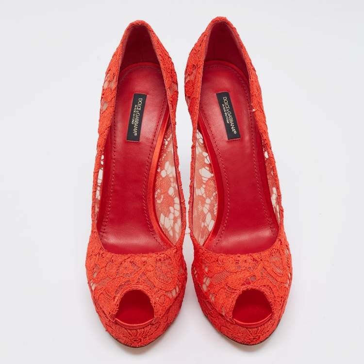Pre Owned Dolce & Gabbana Red Lace Peep Toe Platform Pumps Size 41