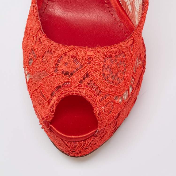 Pre Owned Dolce & Gabbana Red Lace Peep Toe Platform Pumps Size 41