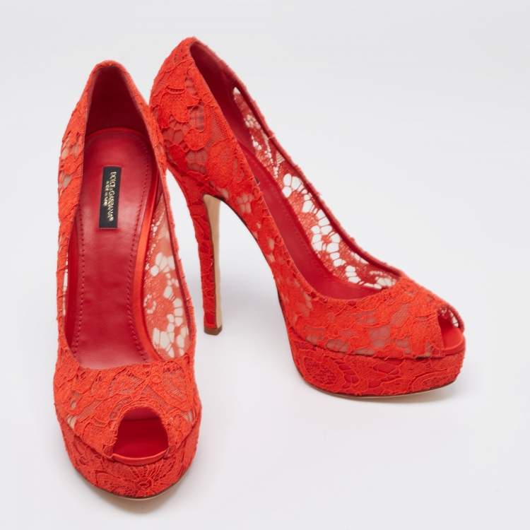 Pre Owned Dolce & Gabbana Red Lace Peep Toe Platform Pumps Size 41