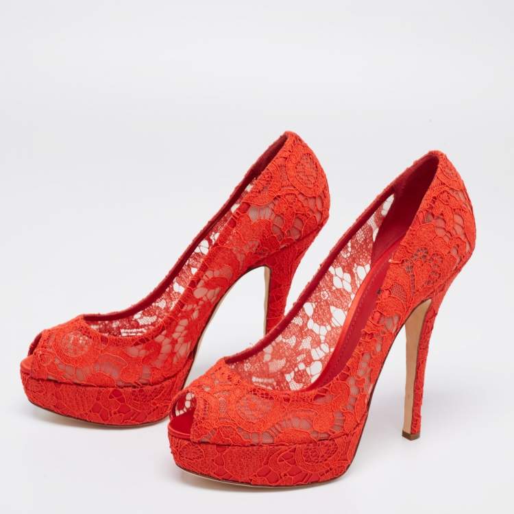 Pre Owned Dolce & Gabbana Red Lace Peep Toe Platform Pumps Size 41